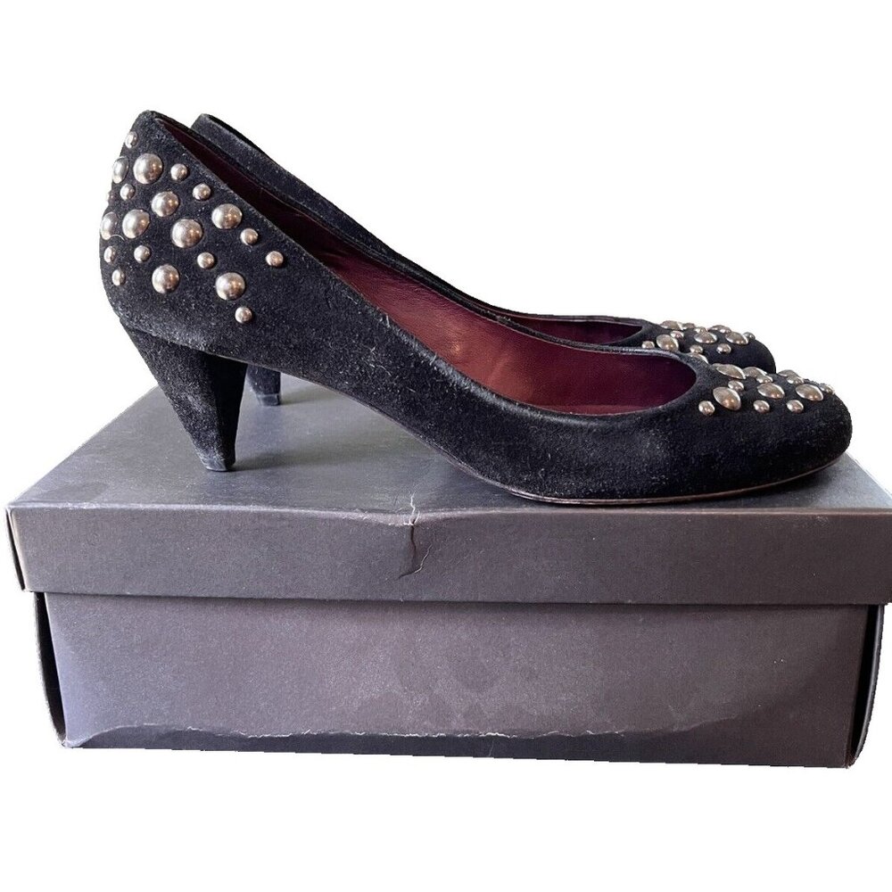 BCBG Maxazria Black Suede Pumps Silver Button Detail Shoes Womans Mid Heel 10M